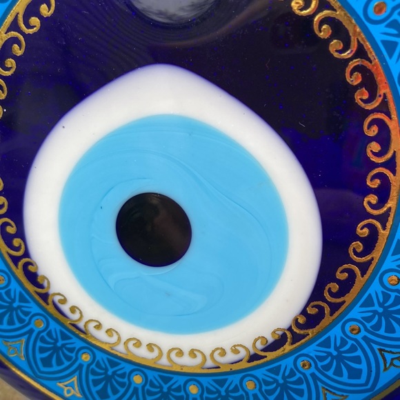 EVIL EYE Wall Hanging Charm Glass Patterned Blue and Gold Large 4.5" Round - Picture 4 of 8